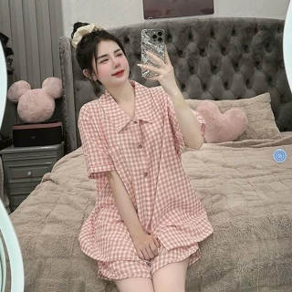 (Vn) bộ cộc tay pijama cổ bẻ kẻ ô chất đũi mùa hè mặc ngủ mềm mát Women Áo Nữ Quần