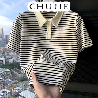 CHUJIE Áo Thun áo phông Cotton Tay Ngắn Họa Tiết Sọc Đơn Giản Thời Trang Mùa Hè Mới Cho Nữ WMY241050O 17Z240426