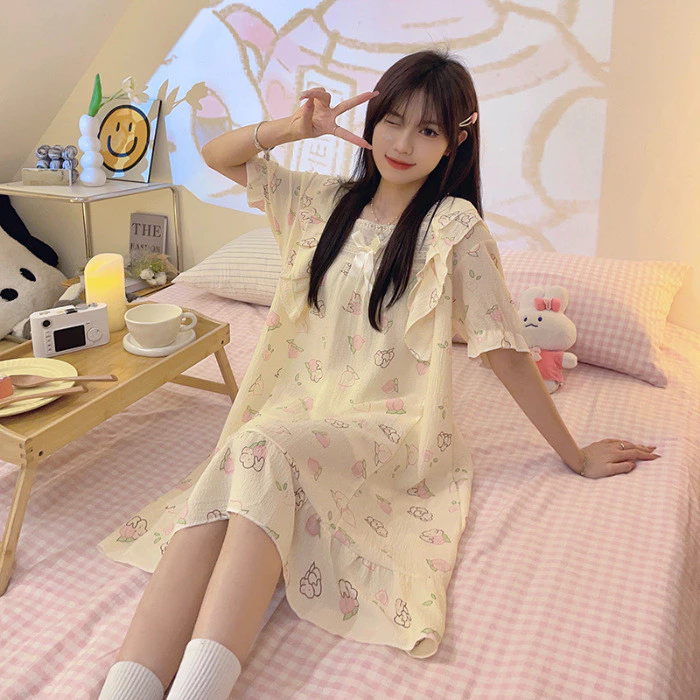 Váy ngủ ngắn tay cotton phồng mùa hè kiểu công chúa váy ngọt ngào mặc ở nhà