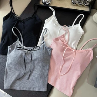 Áo hai dây ren bé gái có miếng đệm treo áo Vest cho nữ Thắt nơ ngọt ngào Crop Top Cốc cố định Tank Top