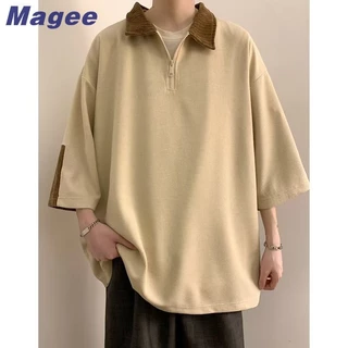 Magee Mới Áo Sơ Mi Polo Nam Phiên Bản Hàn Quốc Retro Thường Ngày Cao Cấp Màu Trơn Nửa Dây Kéo Thiết Kế Trọng Lượng Nặng Rời Hip Hop Thanh Niên Cặp Đôi Thời Trang Cổ Polo Nửa Tay Áo