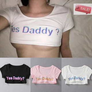 At Nữ In Chữ Tay Ngắn Yes Daddy Tay Ngắn Crop Running Áo A