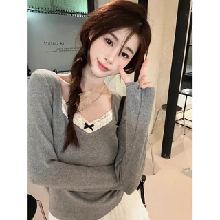 Phong Cách Dài Tay Slim-Fit Niche Ren Viền Cổ Chữ V Thiết Kế Nơ Nữ Đáy Top Mùa Đông Hot Girl Áo Thun Nguyên Chất DM