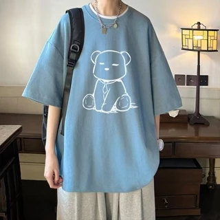 (30-130kg) M-8XL áo phông nam big size Áo Thun Thể Thao Mỹ Cartoon xu hướng gấu in plus size Cổ Tròn Tay Ngắn Dáng Rộng Phong Cách Hàn Quốc Cho Nam