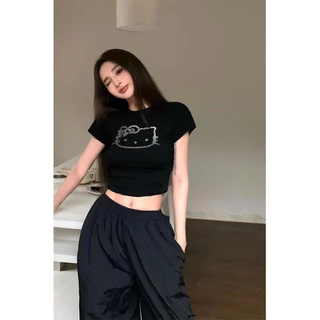 Retro Hot Girl Cat Hot Kim Cương Giả Tích Cực Vai Ngắn Tay Áo Thun Nữ Mùa Hè Slim-Fit S