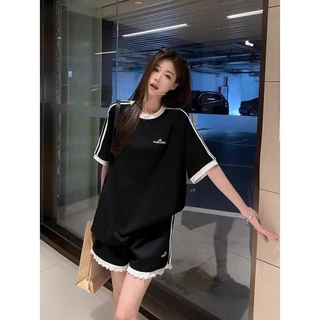 Áo thun ngắn tay Raglan đen Mỹ dành cho nữ mùa hè 2024 Thiết kế phong cách mới Niche Loose Casual Sports Top