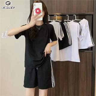 Bộ hai mảnh thể thao và thể dục ngắn tay Enlee dành cho nữ, bộ đồ thể thao thông thường bằng cotton rộng cỡ lớn