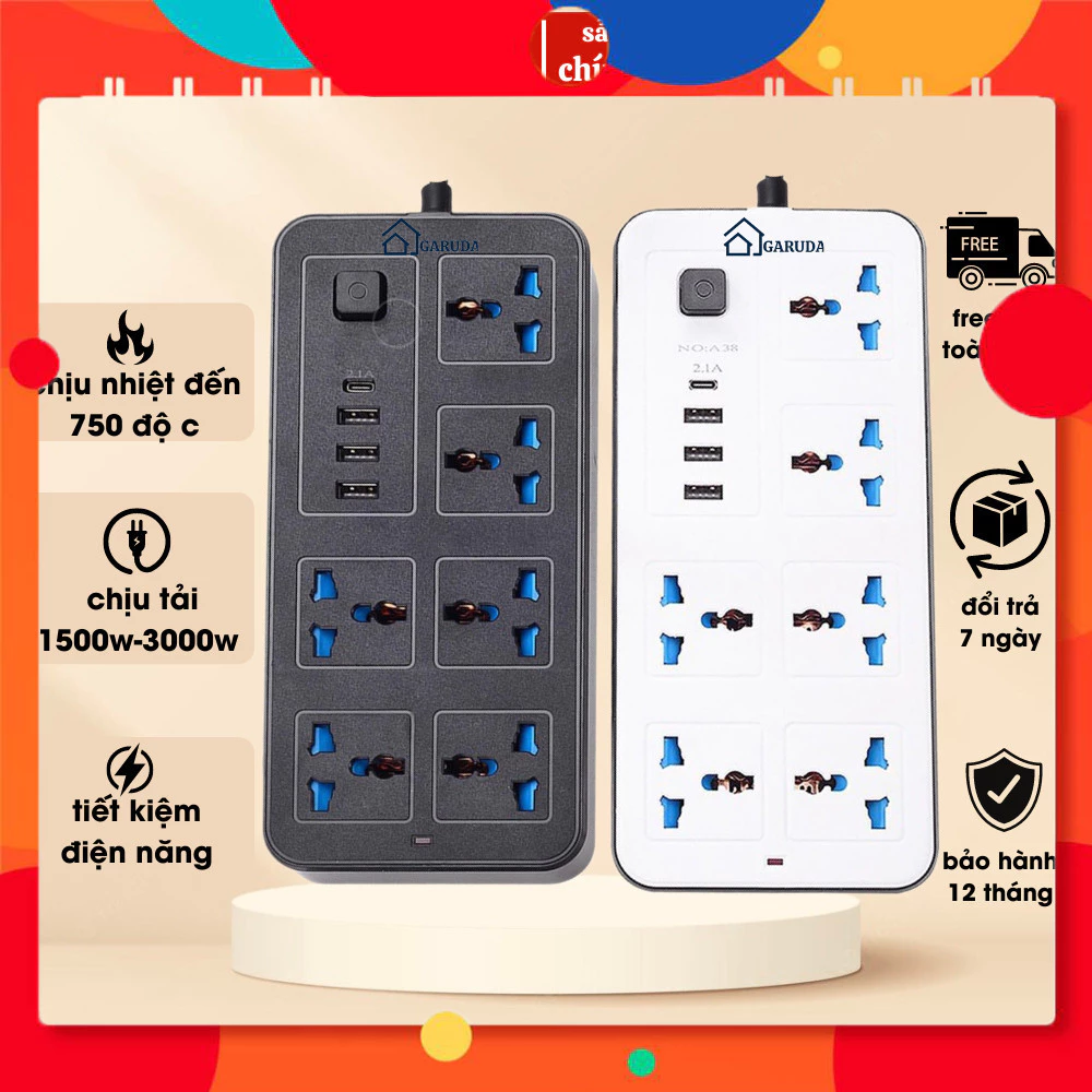 Ổ điện đa năng chính hãng GARUDA 3 cổng USB 15v sạc nhanh, 1 type c, chống cháy, ổ chịu tải 1500W đến 3000W, nhựa pp