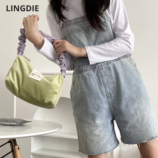 Lingdie Túi đeo vai nữ màu kẹo vải nhung phong cách Nhật Bản ins màu tương phản túi tote cầm tay