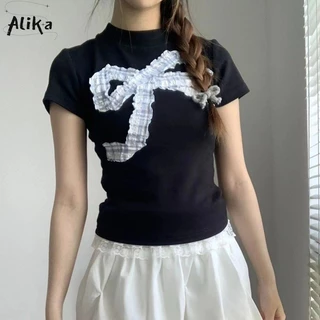 Áo thun nữ Alika phong cách bm nơ ren ngọt ngào hàng ngày đa năng gợi cảm Hàn Quốc ins ba lê thiết kế giảm béo hàng đầu