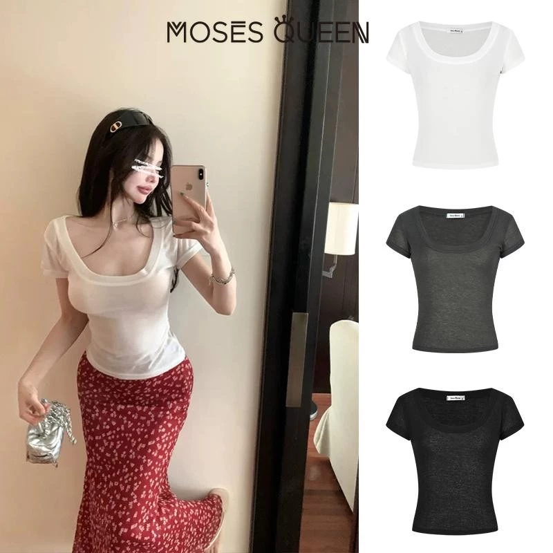 MOSESQUEEN Áo thun ngắn tay cổ chữ U cỡ lớn mùa hè 2025 áo mỏng vừa vặn đa năng mùa hè #62941