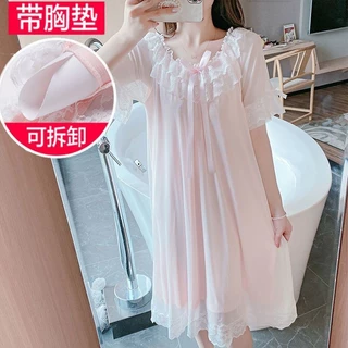 Bộ Đồ Ngủ Nữ Mùa Hè Có Miếng Lót Ngực Váy Ngủ Cotton Nguyên Chất Mỏng Phong Cách Ren Gợi Cảm Cung Điện Phong Cách Công Chúa Thời Trang Ngọt Ngào Tay Ngắn Plus Kích Thước