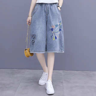 Kích Thước Lớn Retro Thêu Denim Crop Quần Nữ Mùa Hè 2024 Phong Cách Mới Cao Cấp Ôm Hơn Nhìn Rộng Tất Cả Trận Đấu @