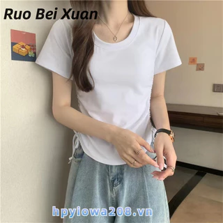 Ruo Bei Xuân Nữ thiết kế màu trơn dây rút ngắn tay ngọt ngào và cay đơn giản áo ngắn