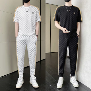 Bộ đồ hai mảnh thông thường dành cho nam mùa hè băng lụa mỏng Bộ đồ thể thao nam Áo thun hợp thời trang ngắn tay ngắn / quần một bộ
