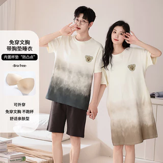 Mùa Hè Phong Cách Mới Nam Nữ Cotton Nguyên Chất Bộ Đồ Ngủ Cặp Đôi Có Miếng Lót Ngực Quần Short Tay Ngắn Nữ Váy Ngủ Loungewear Nam