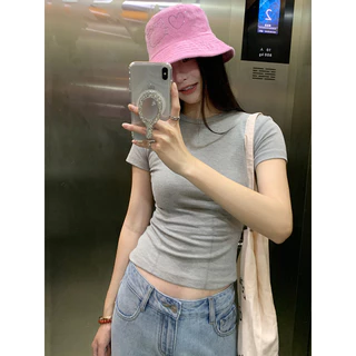 Hot Girl Màu Trơn Vai Cổ Tròn Ngắn Tay Áo Thun Nữ Mùa Hè Thiết Kế Mới Cảm Giác Giảm Béo Slim Fit Ngắn Top