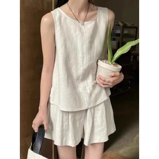 [Linin] Bộ đồ vải lanh Cotton phong cách mới Áo Vest không tay nữ + Quần short ống rộng thông thường Bộ đồ hai mảnh