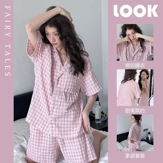 Bộ đồ ngủ ngắn tay kẻ sọc ngọt ngào dành cho nữ Mùa hè Phong cách mới Cardigan Quần Short Loungewear Bộ đồ thường ngày