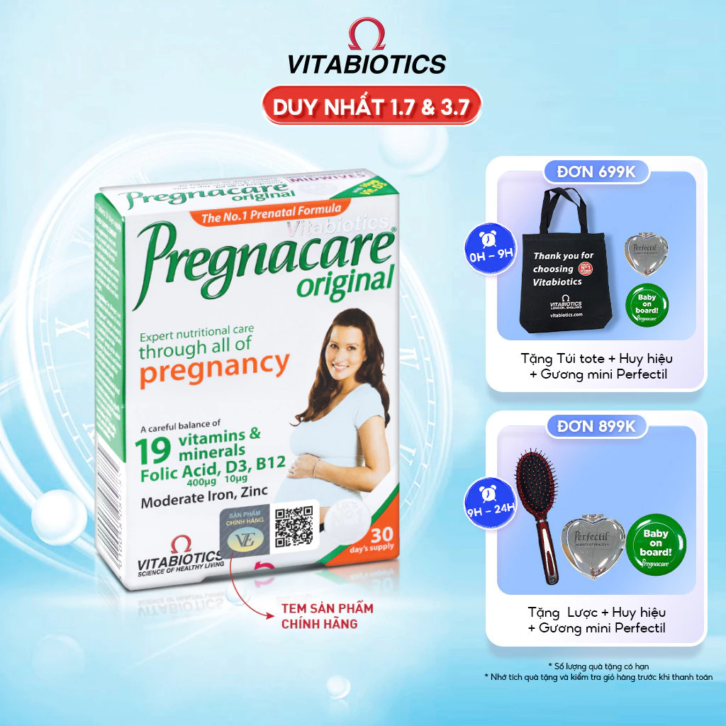 Viên Uống Cho Phụ Nữ Mang Thai Và Cho Con Bú Vitabiotics PREGNACARE ORIGINAL Bổ Sung Vitamin & Khoáng Chất Hộp 30 Viên