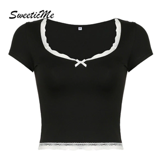 Sweeticme Áo Nữ 2024 Thời Trang Mới Ngọt Ngào Ren Cổ Vuông Slim Fit Áo Thun Nữ Tay Ngắn Nhân Quả