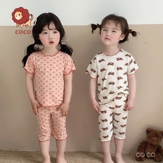 Trẻ Em Không Xương Homewear Phù Hợp Với Bé Gái Mùa Hè Băng Lụa Nhỏ Hoa Ngắn Tay Crop Quần Bé Bộ Đồ Ngủ Điều Hòa Không Khí Quần Áo