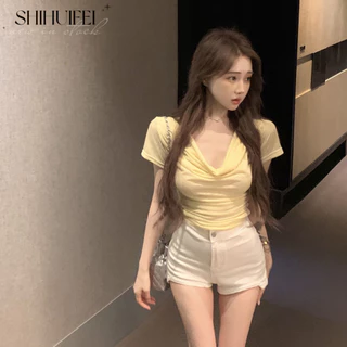 SHIHUIFEI áo croptop áo kiểu nữ  Cute xu hướng hàn quốc Minimalist WCS24413TF 18Z240429