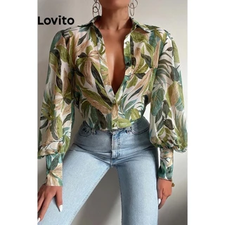 Lovito Áo sơ mi hoa cài cúc nhiệt đới boho cho nữ LNL58055