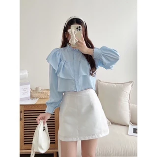 Áo sơ mi croptop bèo tay dài phong cách tiểu thư, Áo sơ mi công sở nữ thiết kế cổ trụ thanh lịch - A284 sake