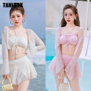 Tanlook Áo tắm nữ chia cổ tích giảm béo gợi cảm bikini dài tay bộ ba mảnh Internet nổi tiếng ren áo tắm suối nước nóng