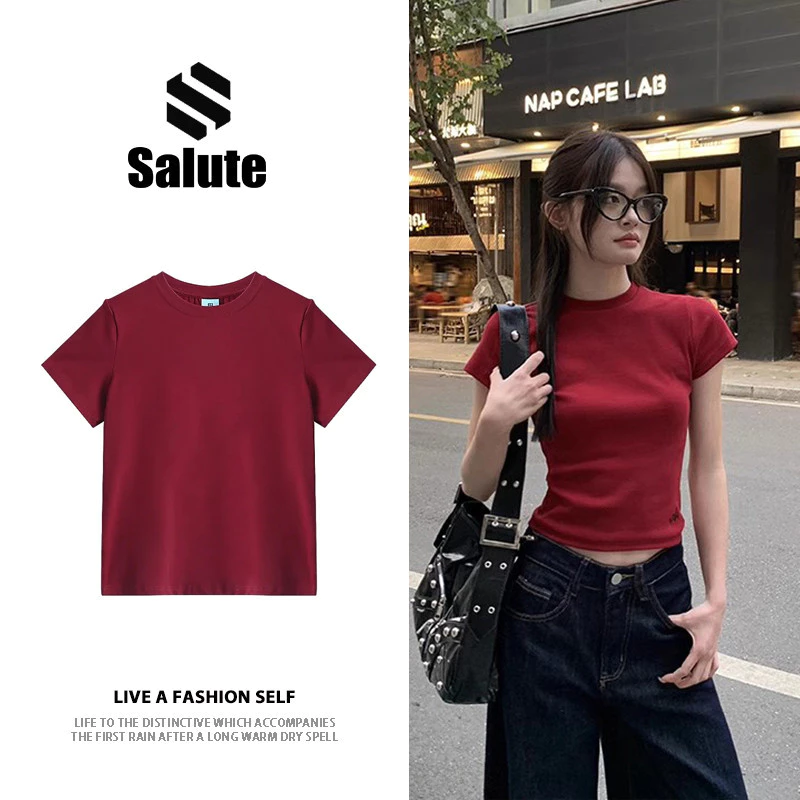 Local brand SALUTE Áo phông nữ Đỏ mận Thon gọn mùa hè local brand SALUTE cổ tròn màu đặc áo thun unisex  fashion girl