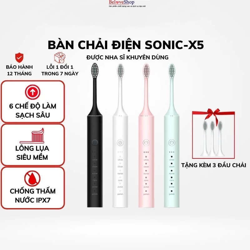 Bàn Chải Điện Sonic X5,6 Chế Độ Làm Sạch Sâu, Máy Đánh Răng Sóng Âm Công Nghệ Đức, Tặng kèm 4 Đầu Thay Thế  -BeloveShop