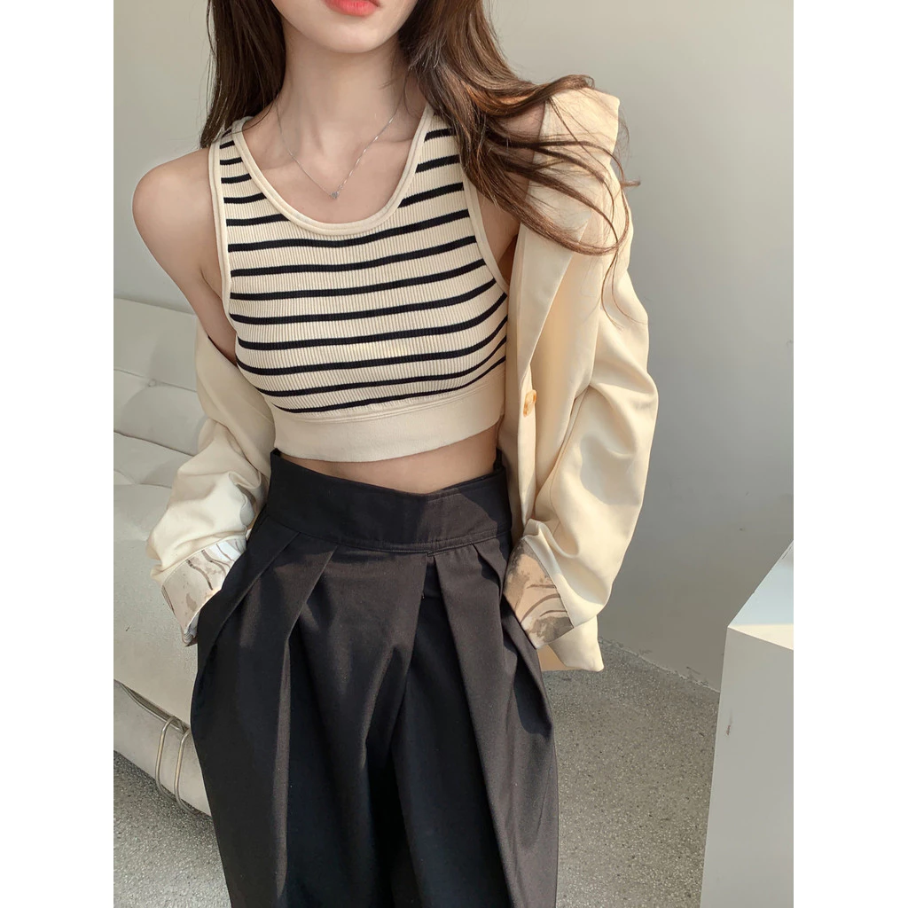 Echoes Thể Thao Sọc Dệt Kim Camisole Quần Áo Nữ Mùa Hè 2023 Hot Girl Skinny Mặc Ngoài Gợi Cảm Đáy Áo Sơ Mi Top Hợp Thời Trang