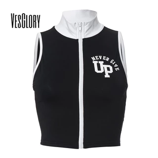 Vesglory Nữ Contrat Tank Top 2024 Thời Trang Slim Fit Cổ Tròn Nhân Quả Áo Dây Kéo Không Tay