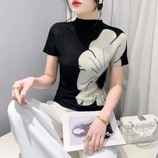 Áo in 3D tính khí MIOU dành cho nữ mùa hè 2024, vừa vặn dáng ôm thời trang, thiết kế tay ngắn, áo thun hoa lớn