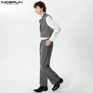 Áo Vest sọc ngắn vừa vặn dành cho nam INCERUN + Bộ quần dài thường ngày