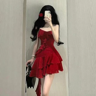 Hot Girl Phong Cách Xù Khâu Sling Đầm Nữ Ôm Hơn Nhìn Không Đều Váy Ngắn Hợp Thời Trang