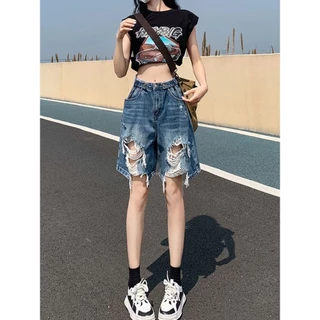 Jiashuchen Plus Kích Thước Quần Giữa Mùa Hè Beggar Rách Quần Short Denim Co Giãn Eo Nữ Thẳng Ống Rộng Năm Điểm Quần Phong Cách Mới