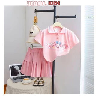 1-9y Bé Gái Giai Điệu Mùa Hè Tay Ngắn POLO 2 Bộ Trẻ Em Kuromi Cinnamroll Xếp Ly Váy Học Viện Phong Cách Hai Bộ