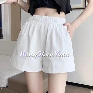 Heng Shan Yuan Quần short nữ cotton lưng cao đa năng co giãn quần short xẻ chữ A Quần ngắn ống rộng