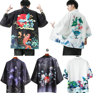 Plus Size 4XL 5XL Phong Cách Nhật Bản In Hoa Sen Kimono Đi Biển Áo Cardigan Áo Nam Nữ Dạo Phố Chống Nắng Áo Samurai Haori Quần Áo Châu Á