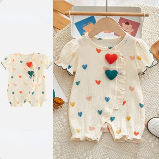 Mùa Hè Mới Bé Gái Quần Áo Ngắn Tay Body 0-24 Tháng Cotton Nguyên Chất Mỏng Ba Chiều Tình Yêu Ngọt Ngào Romper