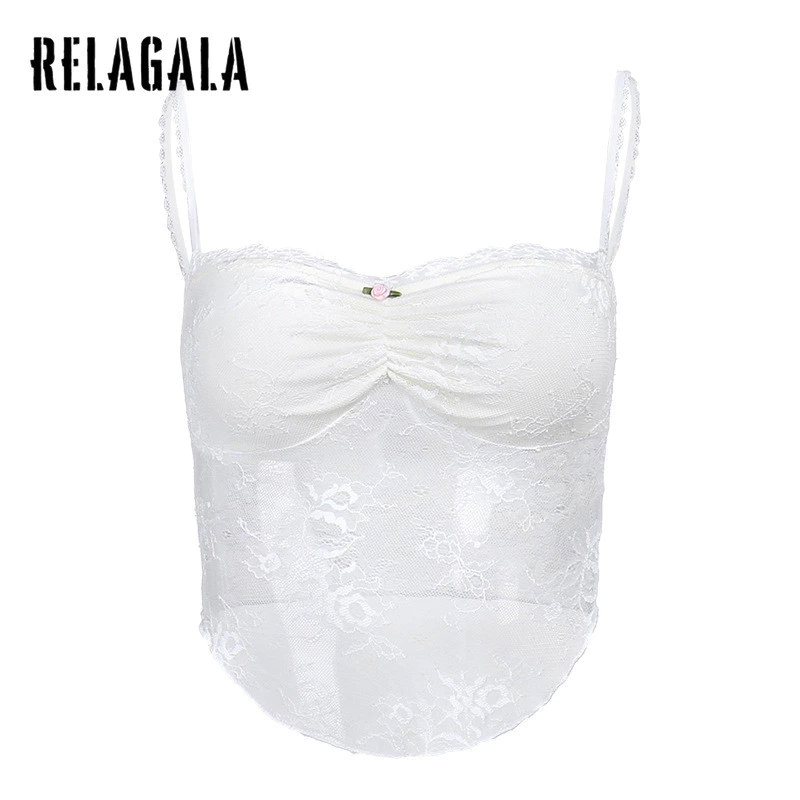 Relagala Nữ 2024 Mới Thời Trang Màu Trơn Suspender Ren Crop Top