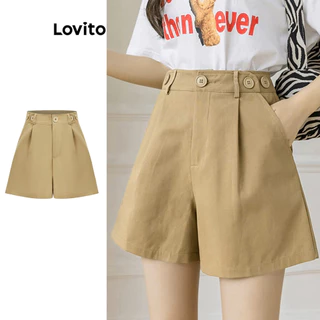 Quần short Lovito xếp nếp cài nút ôm vừa phải thanh lịch cho nữ L80ED191