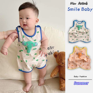 Mùa Hè Mới Quần Áo Bé Trai Và Bé Gái Không Tay Body 0-24 Tháng Tuổi Sơ Sinh Cotton Nguyên Chất Mỏng Hoạt Hình Bé Voi Áo Liền Quần Phong Cách Hàn Quốc