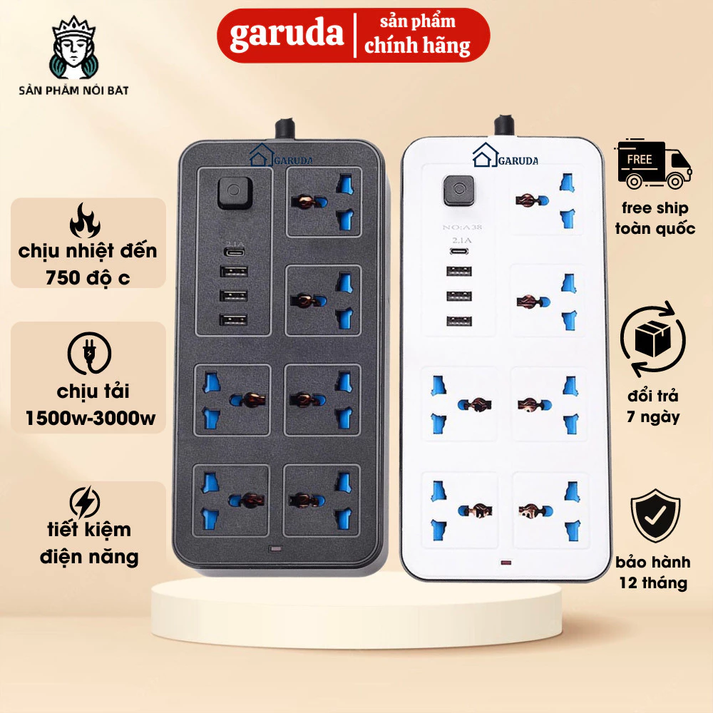 Ổ điện đa năng chính hãng GARUDA 3 cổng USB 15v sạc nhanh, 1 type c, chống cháy, ổ chịu tải 2500W, chất liệu nhựa pp