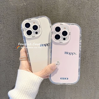 Tương thích cho IPhone 15 14 13 12 11 Pro Max XR 8 7 6 6s Plus SE 2020 X XS Max Ins Happy Đơn Giản Trong Suốt Chống Sốc Vỏ Điện Thoại Gương Bề Mặt Puff Vỏ Silicon TPU Mềm