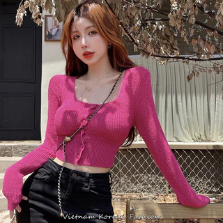 Hezaminimalist Labo áo crop top dệt kim dài tay vuông màu trơn phong cách Hàn Quốc