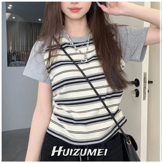 Huizumei Nữ tay ngắn đơn giản giản giản dị cổ tròn sọc hàng đầu Hàn Quốc hot girl khâu thiết kế màu sắc tương phản Áo thun
