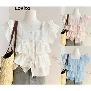 Áo kiểu Lovito vải jacquard lai bèo xếp nếp nút trước xếp tầng màu trơn phong cách boho cho nữ L68ED021 (Nhiều màu)